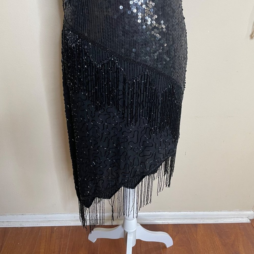 Vintage SCALA 80s Silk Gatsby Cocktail Asymmetric Sequins Beaded Dress Black M - Picture 6 of 12
